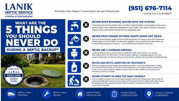 What are the 5 things you should never do during a septic backup?