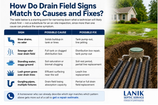 How Do Drain Field Signs Match to Causes and Fixes?